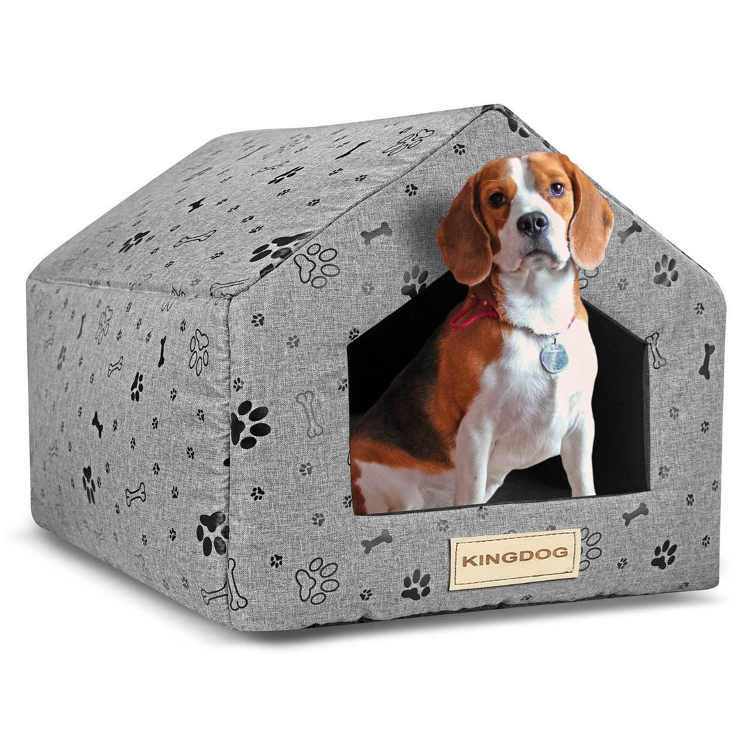 Tanière maison en éponge gris motif os noir 50x40cm h38cm Kingdog