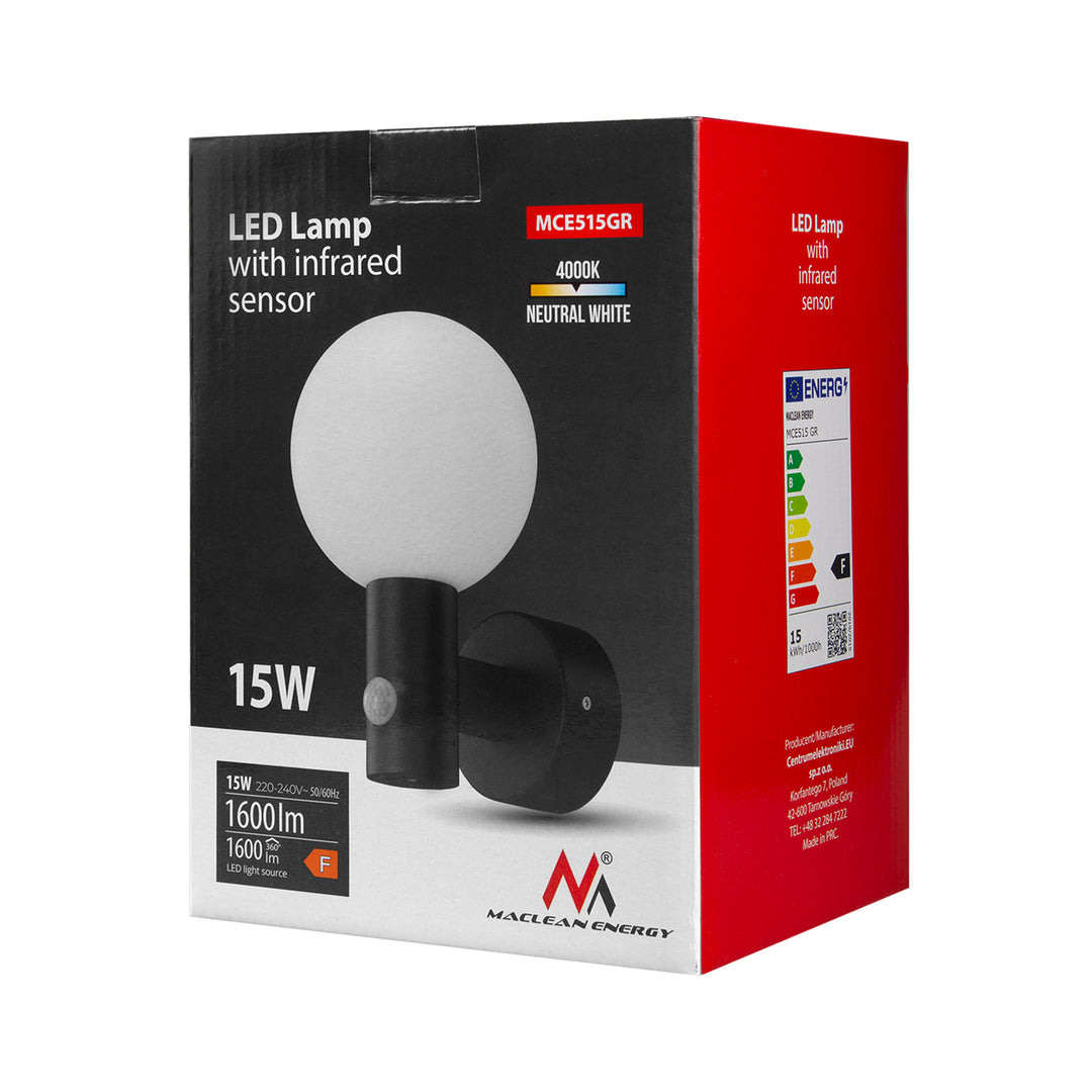 Maclean PIR bewegingsmelder Grijze LED lamp 15W IP65 1600lm 4000K