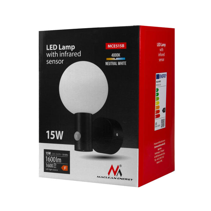 Maclean PIR bewegingsmelder Zwart LED lamp 15W IP65 1600lm 4000K