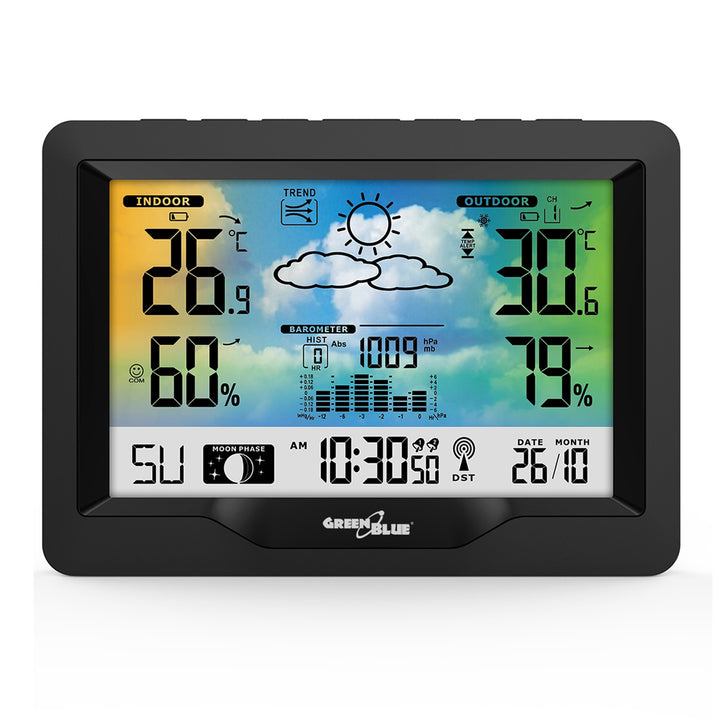 Station météo sans fil GreenBlue, couleur, avec DCF, phases de lune, baromètre, calendrier, alimentation, GB540N