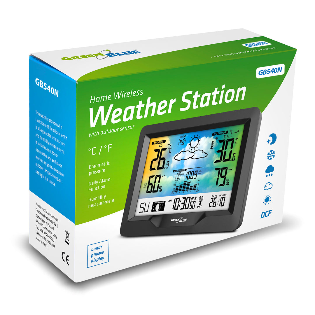 Station météo sans fil GreenBlue, couleur, avec DCF, phases de lune, baromètre, calendrier, alimentation, GB540N