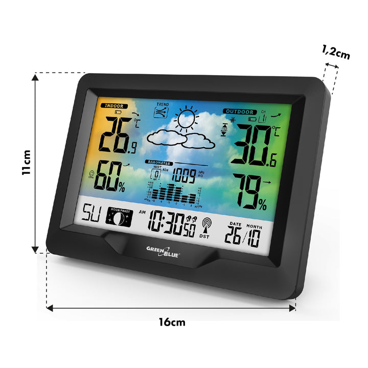 GreenBlue draadloos weerstation, kleur, met DCF, maanstanden, barometer, kalender, voeding, GB540N