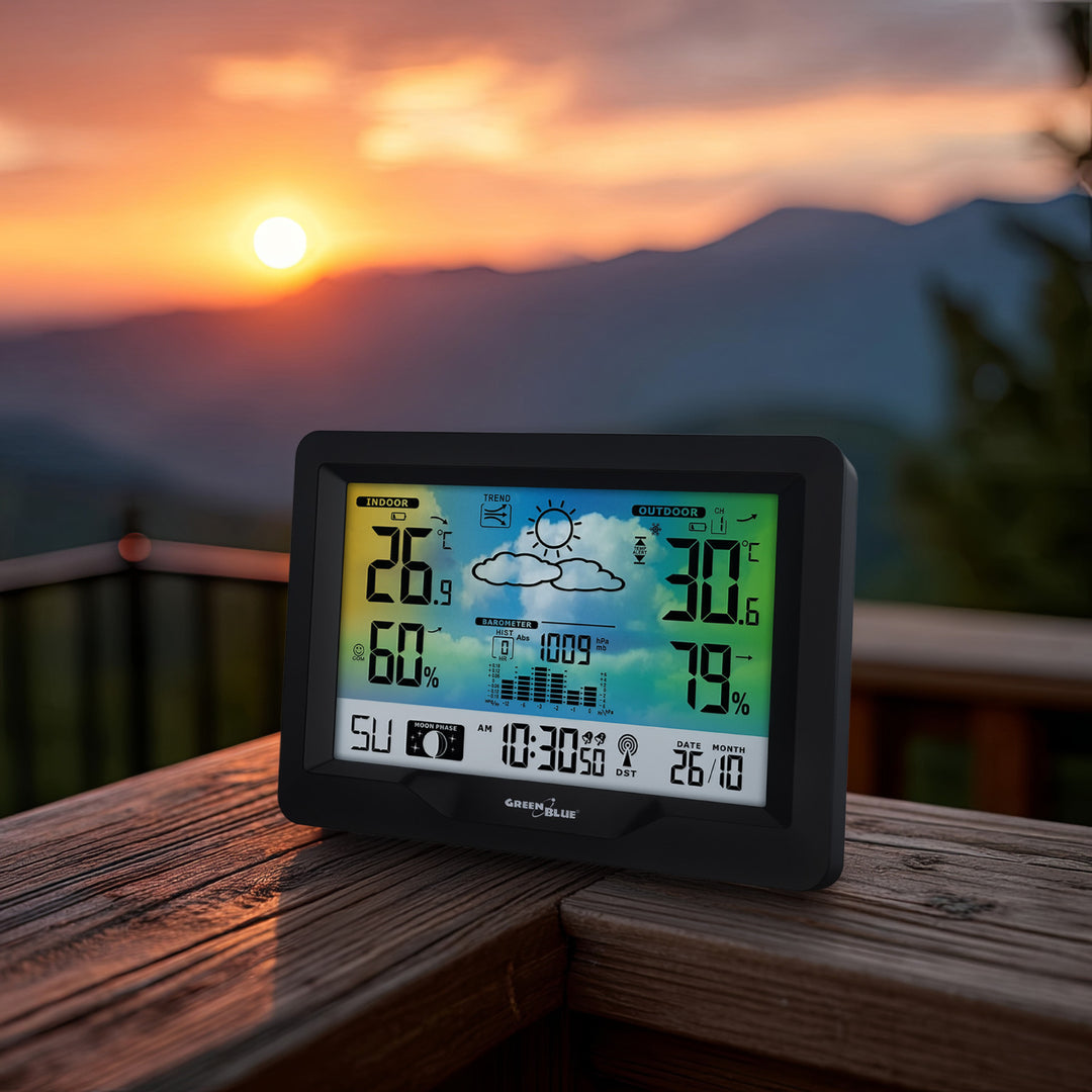 GreenBlue draadloos weerstation, kleur, met DCF, maanstanden, barometer, kalender, voeding, GB540N