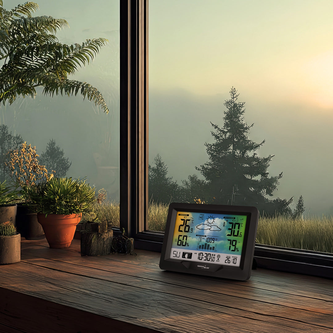 GreenBlue draadloos weerstation, kleur, met DCF, maanstanden, barometer, kalender, voeding, GB540N