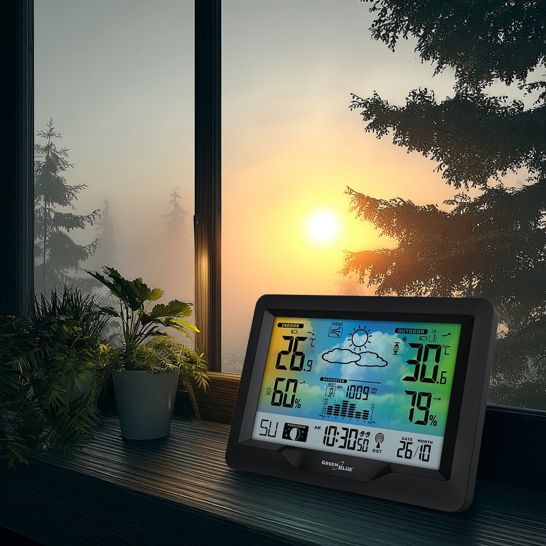 GreenBlue draadloos weerstation, kleur, met DCF, maanstanden, barometer, kalender, voeding, GB540N