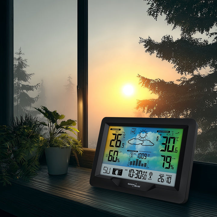 GreenBlue draadloos weerstation, kleur, met DCF, maanstanden, barometer, kalender, voeding, GB540N
