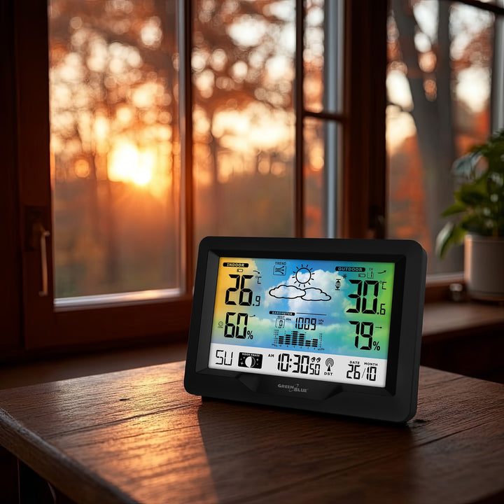 GreenBlue draadloos weerstation, kleur, met DCF, maanstanden, barometer, kalender, voeding, GB540N