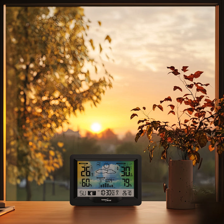 GreenBlue draadloos weerstation, kleur, met DCF, maanstanden, barometer, kalender, voeding, GB540N