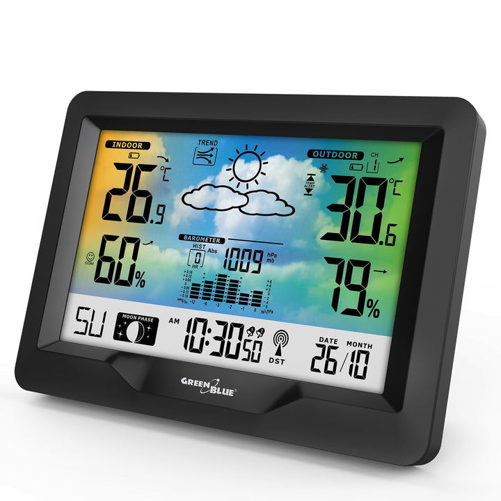 Station météo sans fil GreenBlue, couleur, avec DCF, phases de lune, baromètre, calendrier, alimentation, GB540N