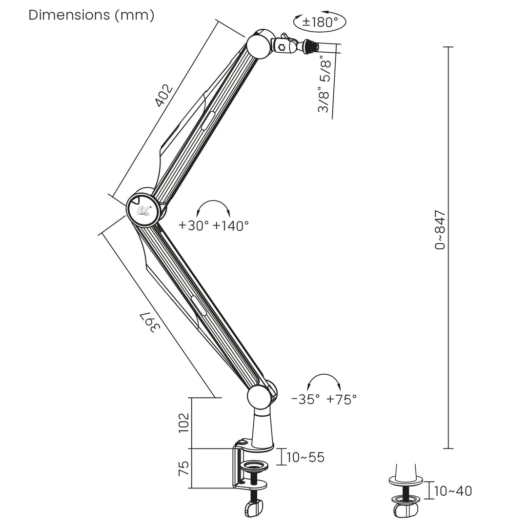 Porte-microphone 3/8" et 5/8" NanoRS, 1kg max, RS422