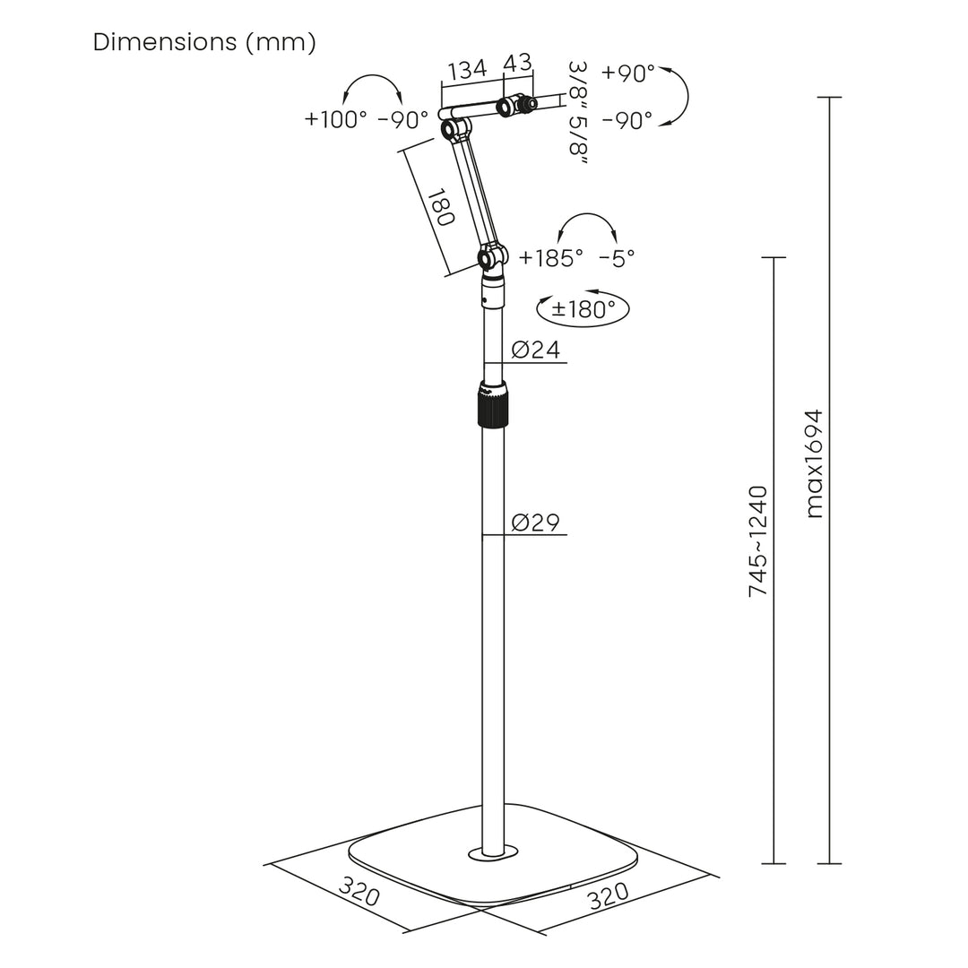 Maclean MC-337 Pied de microphone en métal hauteur réglable 626-1694 mm 1kg max