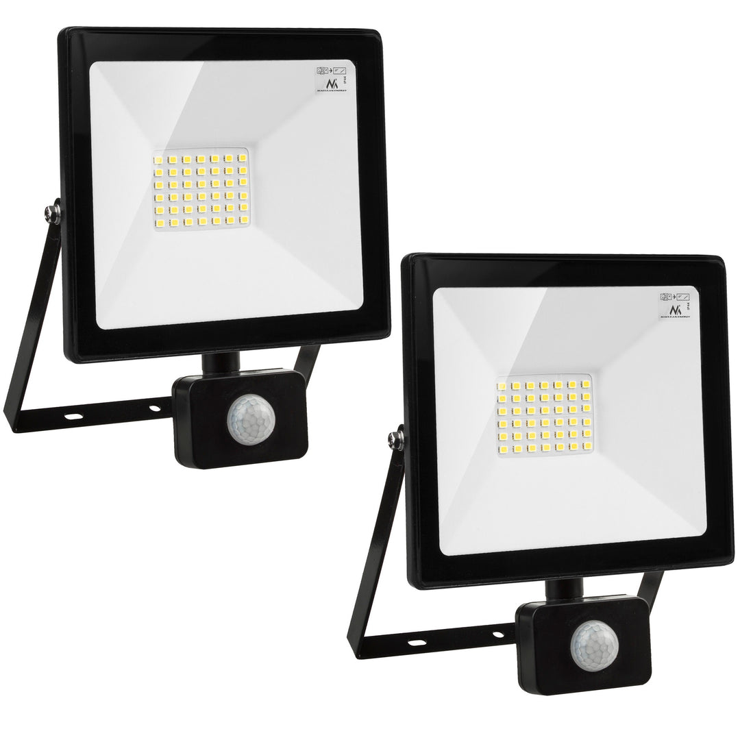 2x LED schijnwerper met Maclean bewegingsmelder, slank 30W, 2400lm, warm wit (3000K), IP44, MCE630 WW PIR