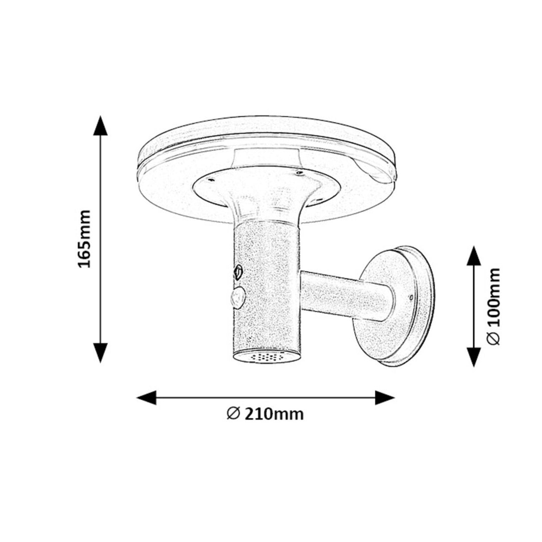 Rabalux Alaska: Applique murale extérieure, IP44, 10W LED, éclairage blanc naturel 4000K. Capteur de mouvement intelligent (5-8m, 120°), autonomie 10000h. Batterie 3.7V, 2500mAh. Dimensions: Ø210mm, H165mm, trou de montage Ø100mm. Protection contre l