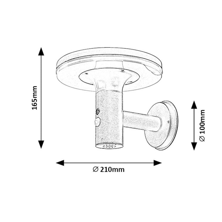 Rabalux Alaska: Applique murale extérieure, IP44, 10W LED, éclairage blanc naturel 4000K. Capteur de mouvement intelligent (5-8m, 120°), autonomie 10000h. Batterie 3.7V, 2500mAh. Dimensions: Ø210mm, H165mm, trou de montage Ø100mm. Protection contre l