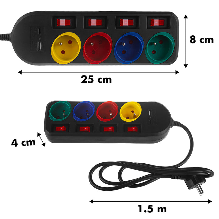 Maclea MCE508 B Verlengstrip 4 stopcontacten + USB A/C, met schakelaars, 250VAC/10A, 1,5m, zwart,