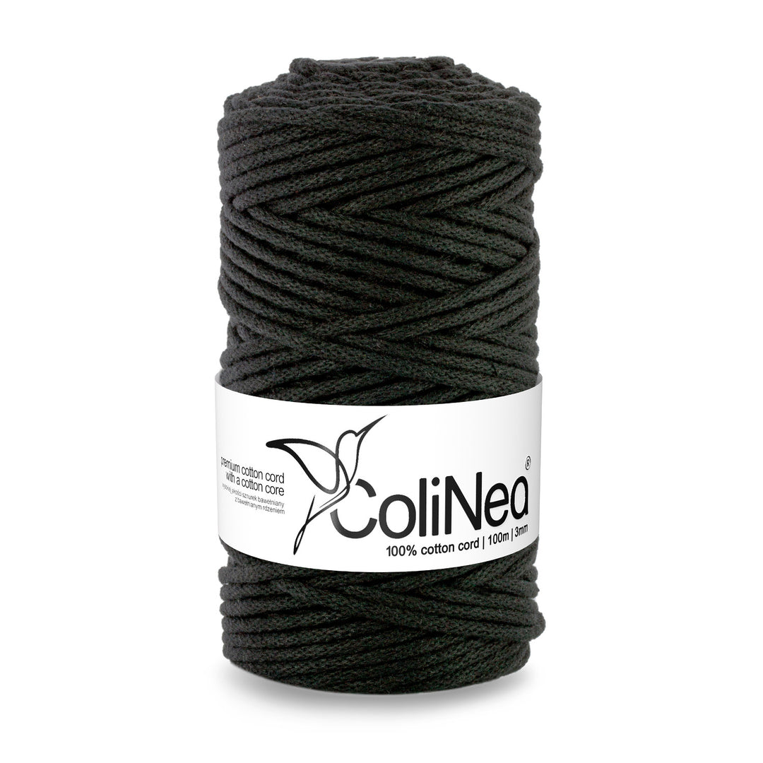 ColiNea, cordon en coton avec âme en coton, tressé, 3mm, 100m, noir