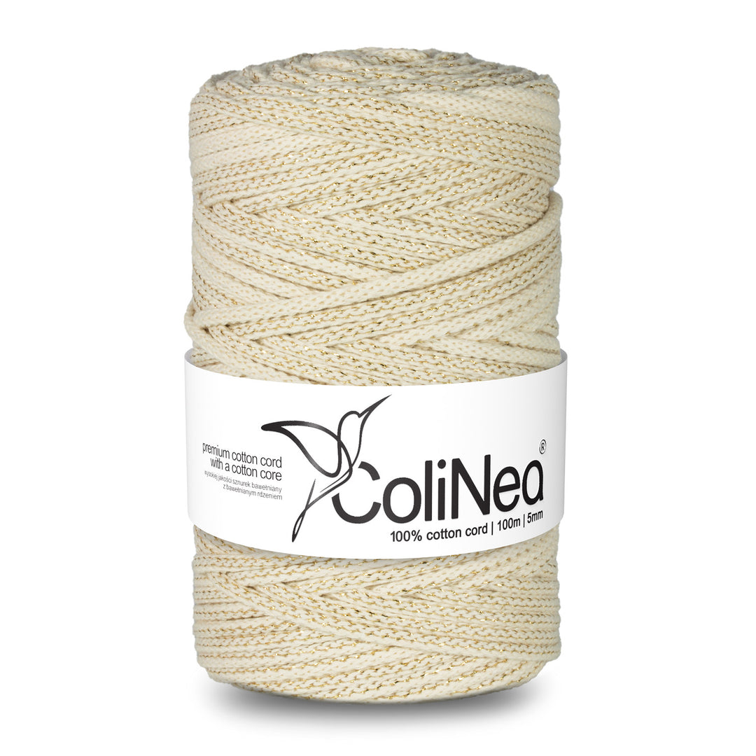 ColiNea, cordon en coton avec âme en coton, tressé, 5mm, 100m, ivoire avec fil d'or