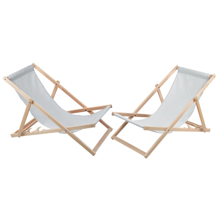 2 comfortabele houten ligstoelen, lichte askleur, ideaal voor op het strand, balkon, terras