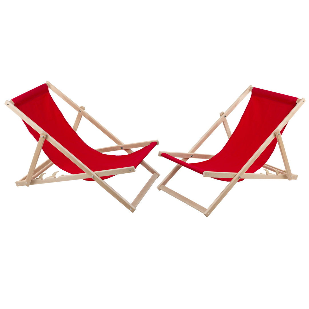 2 chaises longues confortables en bois, rouges, idéales pour la plage, balcon, terrasse