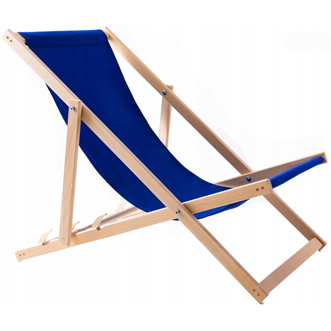 Chaise longue en bois de hêtre Woodok, bleue, idéale pour la plage, le balcon, la terrasse