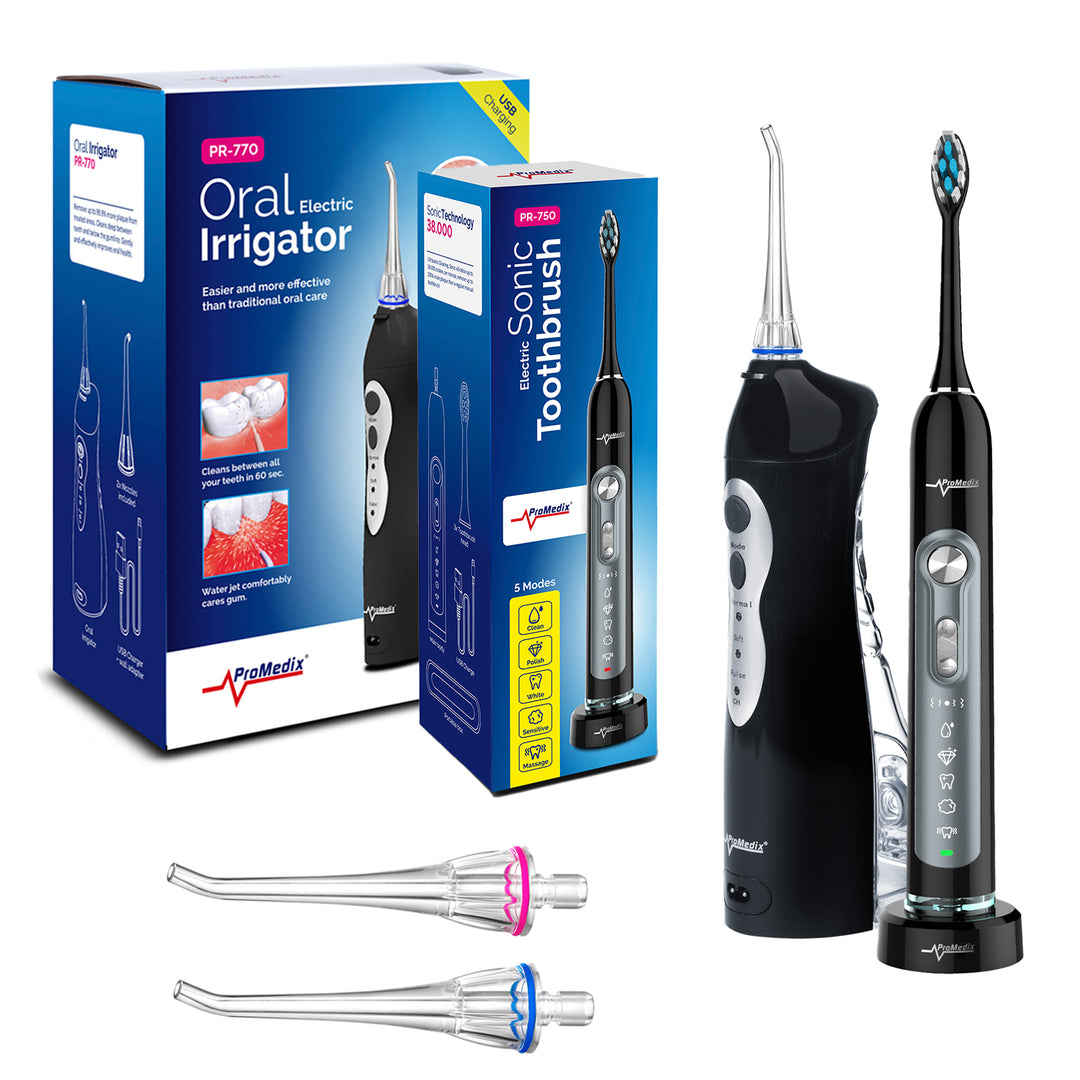 Irrigateur sans fil Promedix, embouts 2pcs, couleur noir, PR-770 B + Brosse à dents sonique Promedix PR-750 B