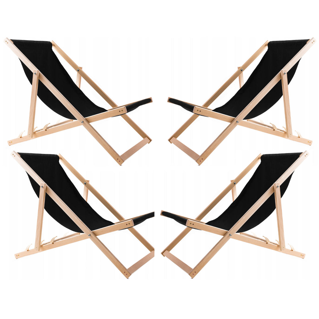 4 chaises longues confortables en bois, noires, idéales pour la plage, le balcon, la terrasse