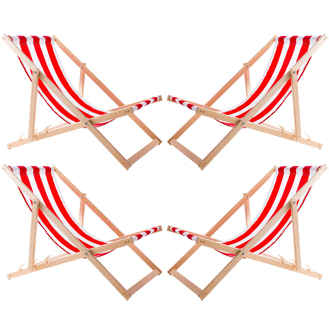 4 confortables chaises longues en bois, à rayures rouges, idéales pour la plage, le balcon, la terrasse, l'assemblée