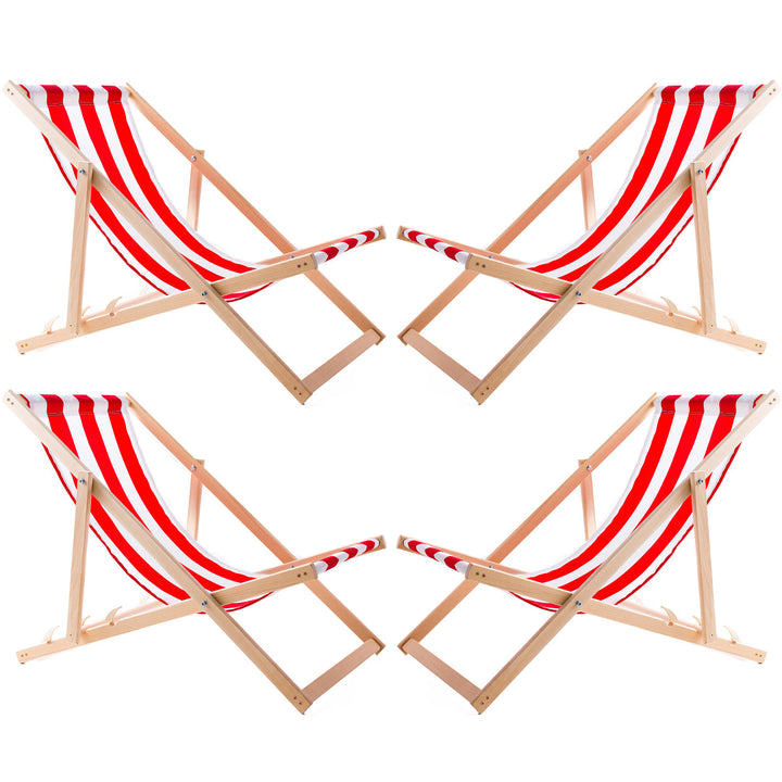 4 confortables chaises longues en bois, à rayures rouges, idéales pour la plage, le balcon, la terrasse, l'assemblée