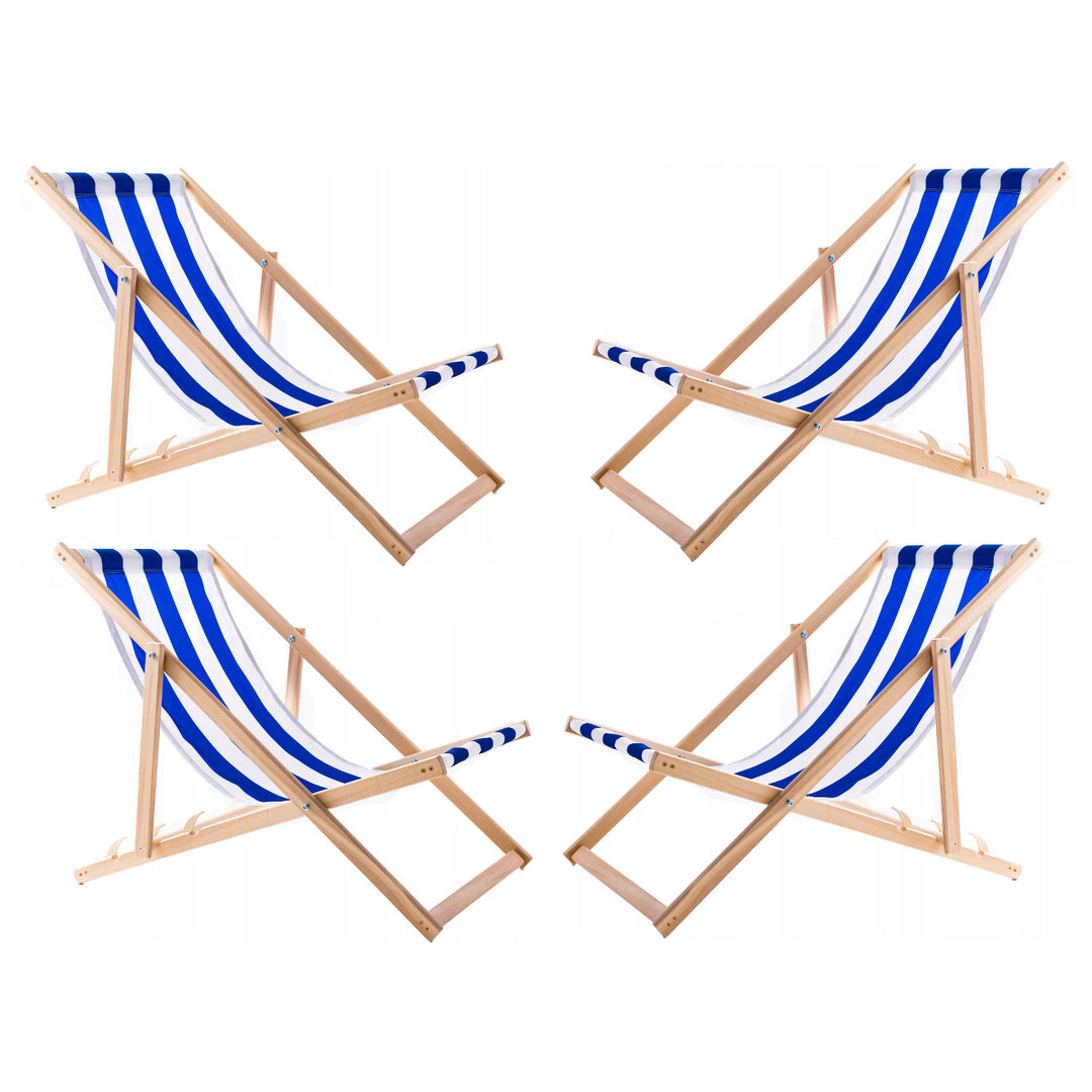 4 confortables chaises longues en bois, rayures bleues, idéales pour la plage, le balcon, la terrasse, l'assemblée