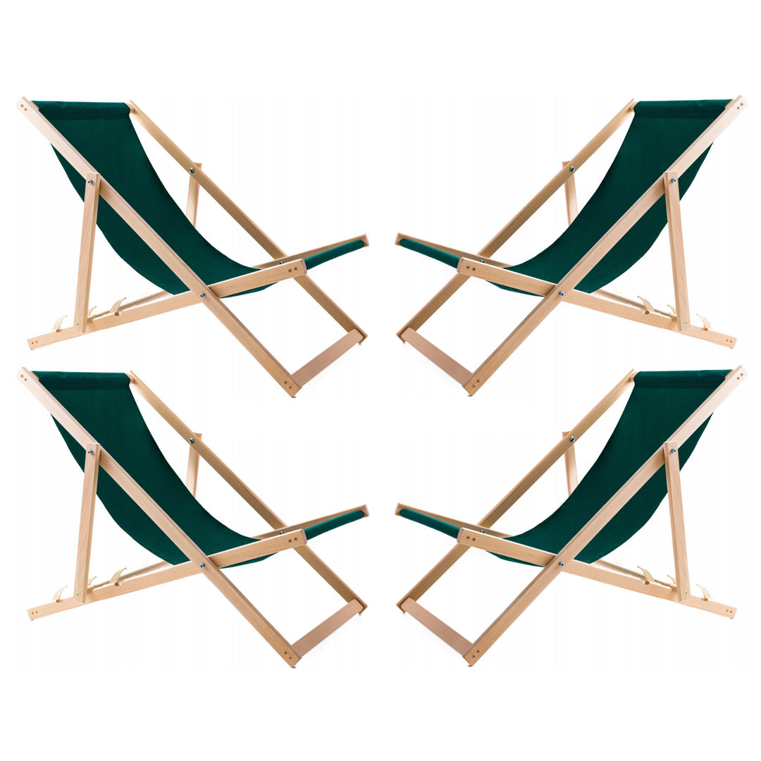 4 chaises longues confortables en bois, vertes, idéales pour la plage, balcon, terrasse