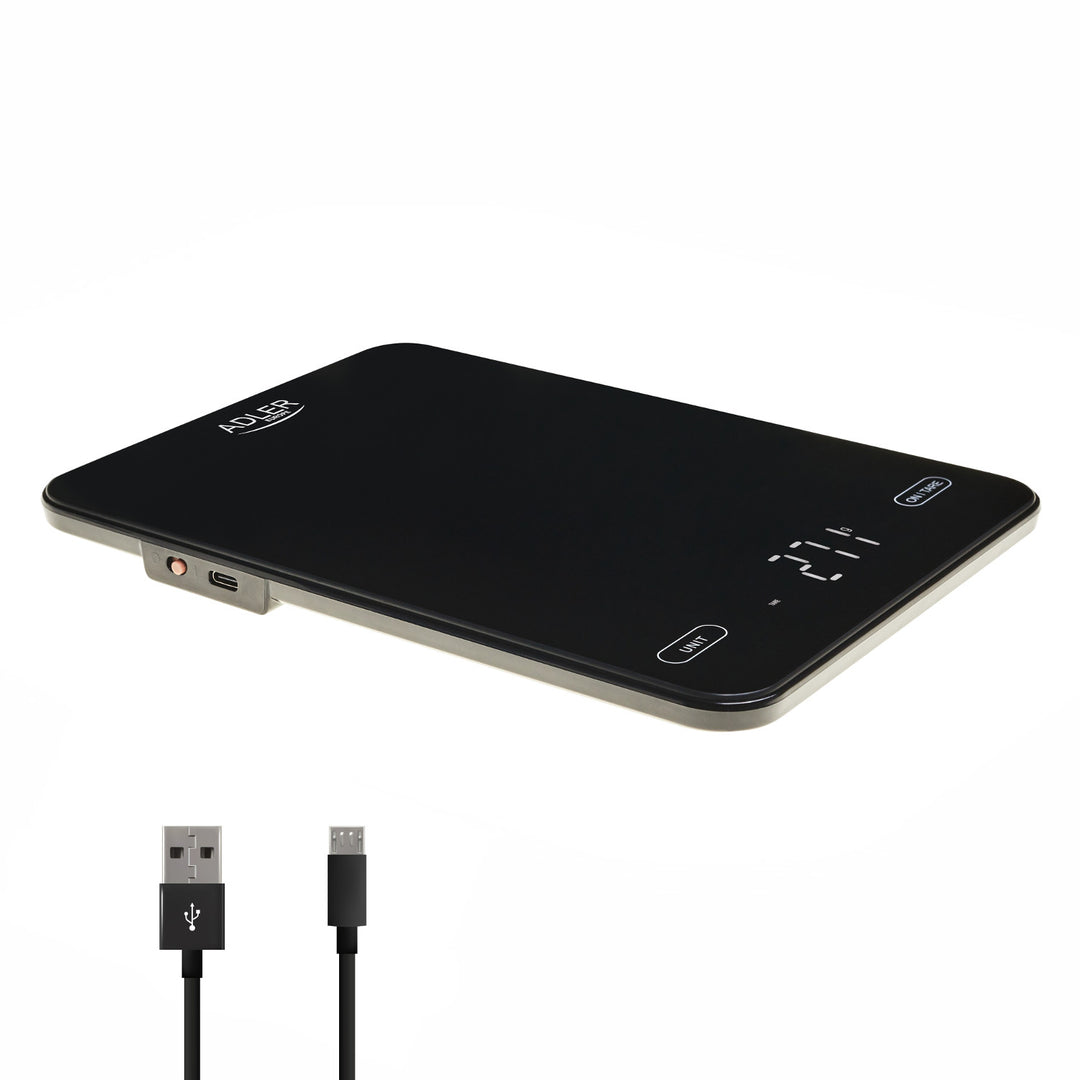 Balance de cuisine, Adler, noire, 10 kg, rechargeable par USB, AD 3177