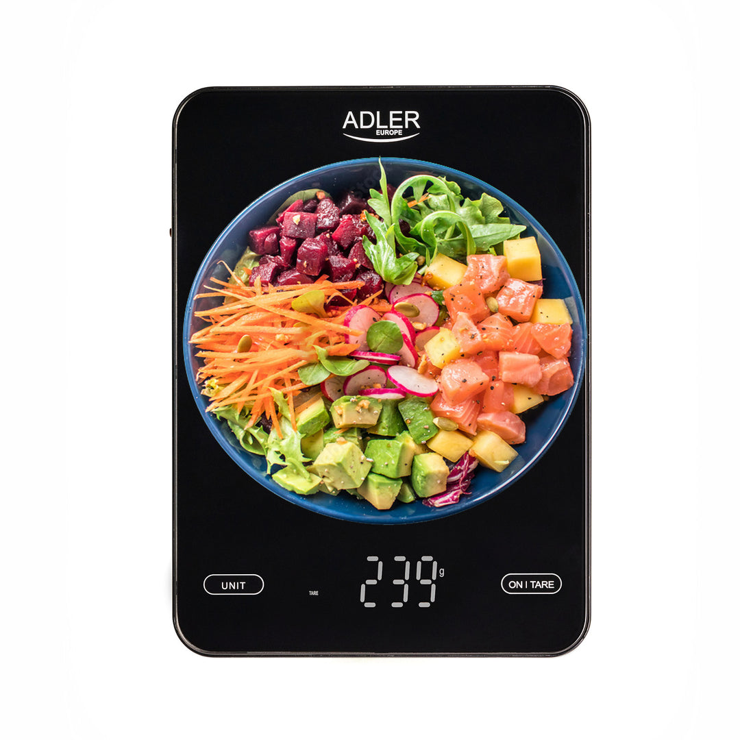 Balance de cuisine, Adler, noire, 10 kg, rechargeable par USB, AD 3177