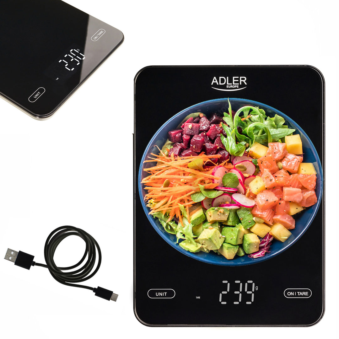 Balance de cuisine, Adler, noire, 10 kg, rechargeable par USB, AD 3177