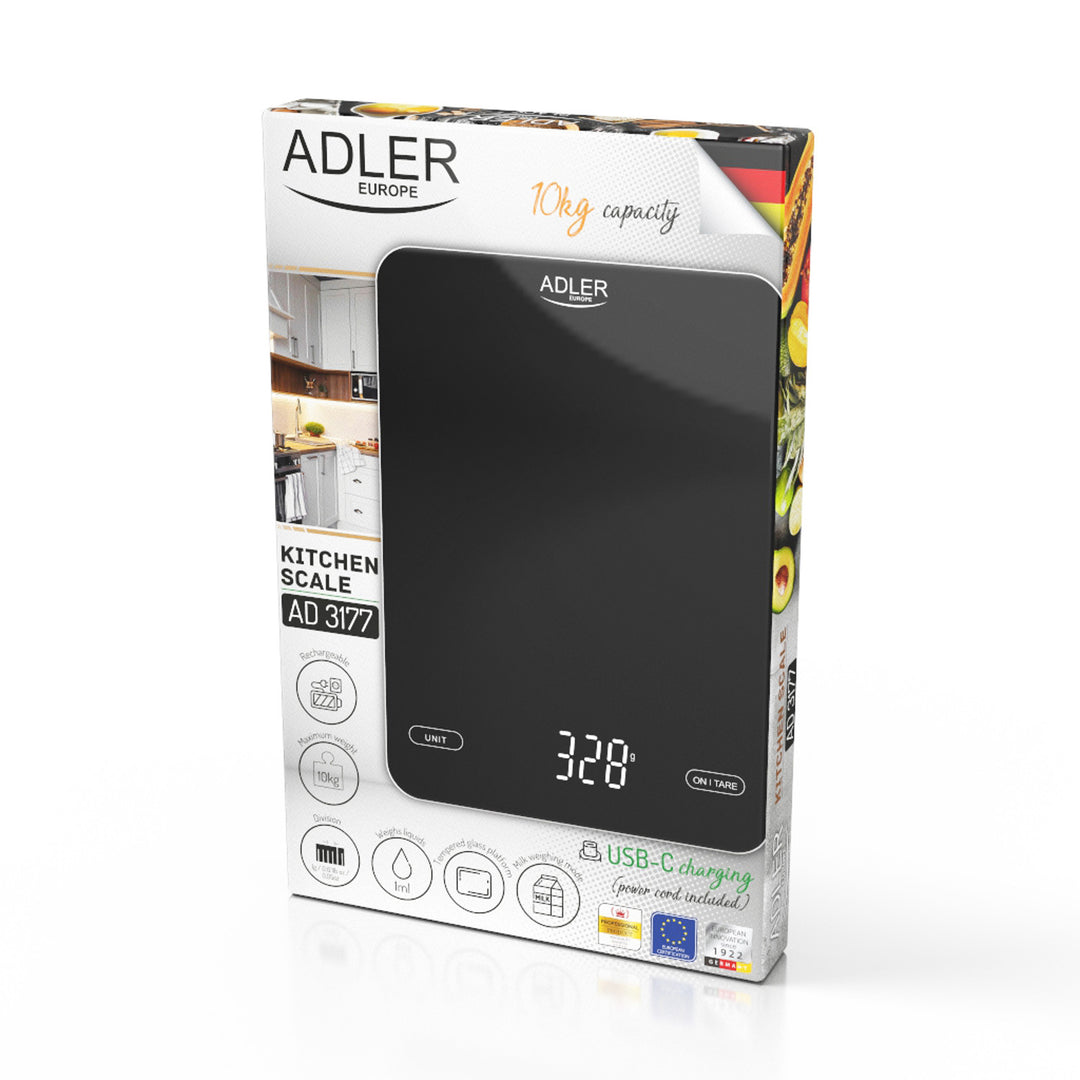 Balance de cuisine, Adler, noire, 10 kg, rechargeable par USB, AD 3177