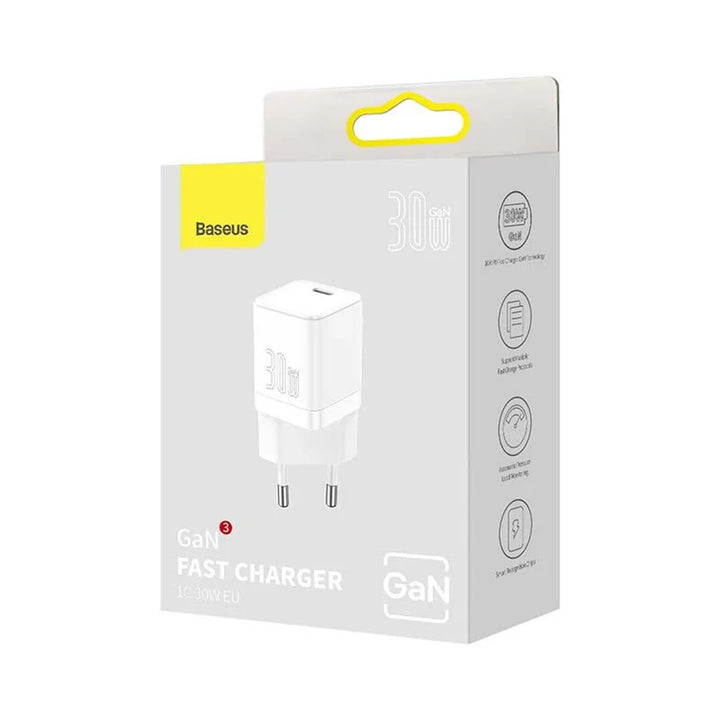 Chargeur secteur rapide Baseus, 30W, USB-C, blanc, GaN3