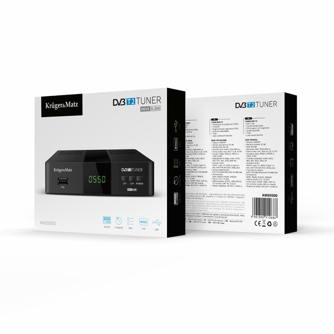 Tuner-décodeur DVB-T2 KM0550D H.265 HEVC EPG PVR Timeshift Kruger&Matz