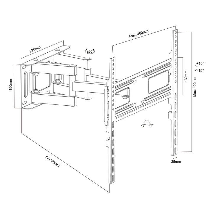 Support TV Maclean, max VESA 400x400, 32-75", 50kg, réglage de l'angle horizontal et vertical, profil 80-380mm, noir, MC-788