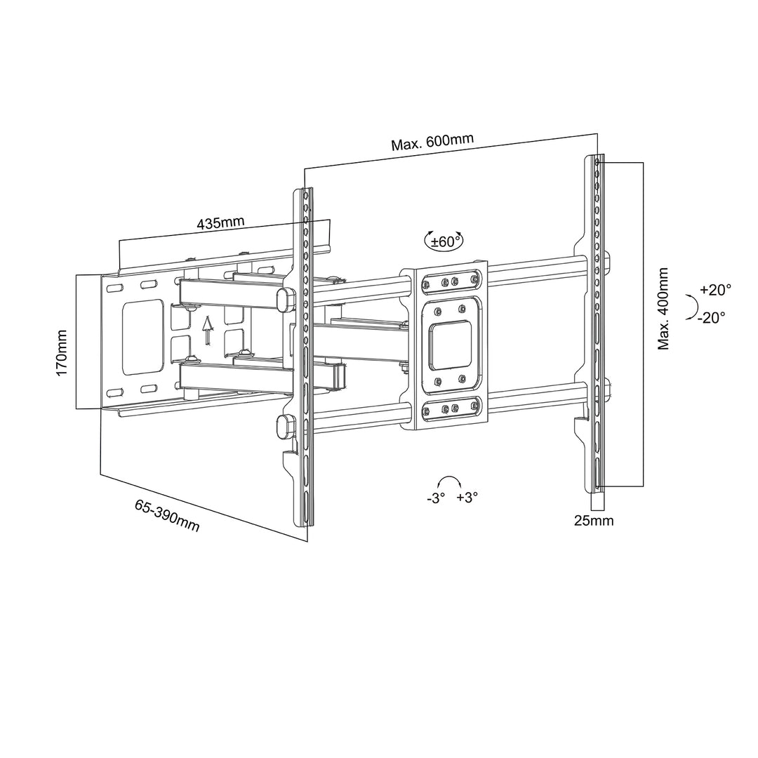 Support TV Maclean, max VESA 600x400, 32-85", 60kg, réglage de l'angle horizontal et vertical, profilé 65-390mm, noir, MC-789