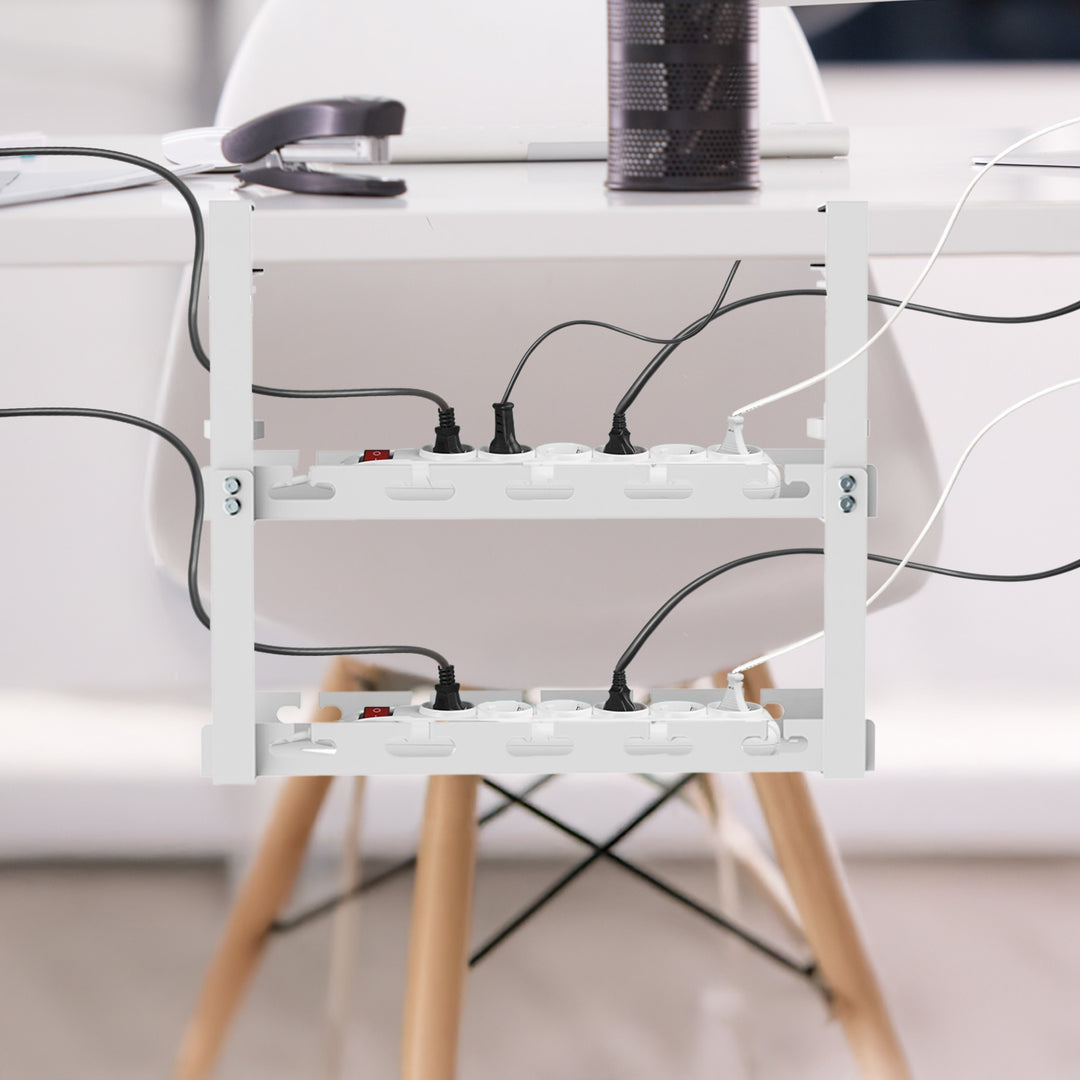 Range-câbles Maclean sous le bureau, charge max. 5kg, 2 niveaux, blanc, MC-104 W