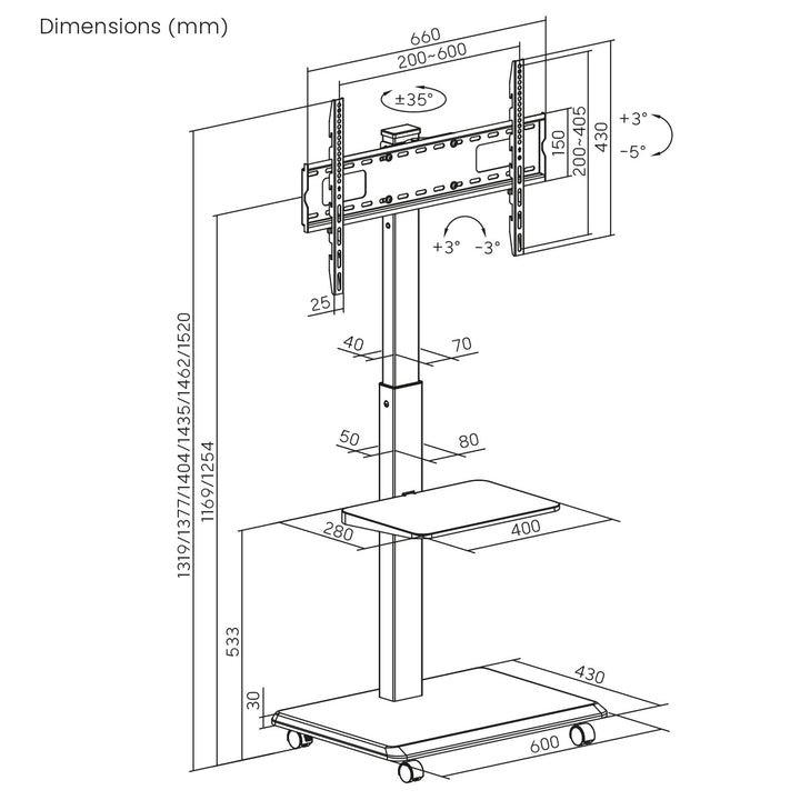 Support TV / chariot Ergo-Office, charge max. 50kg / 5kg étagère, max. VESA 600x400, multiprise intégrée, noir, ER-304 B