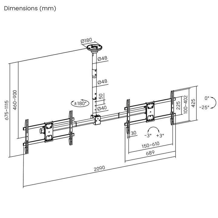 Support plafond Maclean pour deux téléviseurs, charge max. 2x40kg, 34-60", max VESA 600x400, MC-111 B