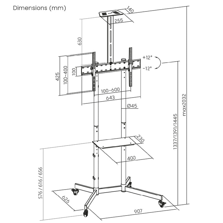 Maclean TV stand / trolley, tablette pour caméra, sur roulettes, 37-70", charge max. 45kg/5kg tablette, max. VESA 600x400, MC-113 B