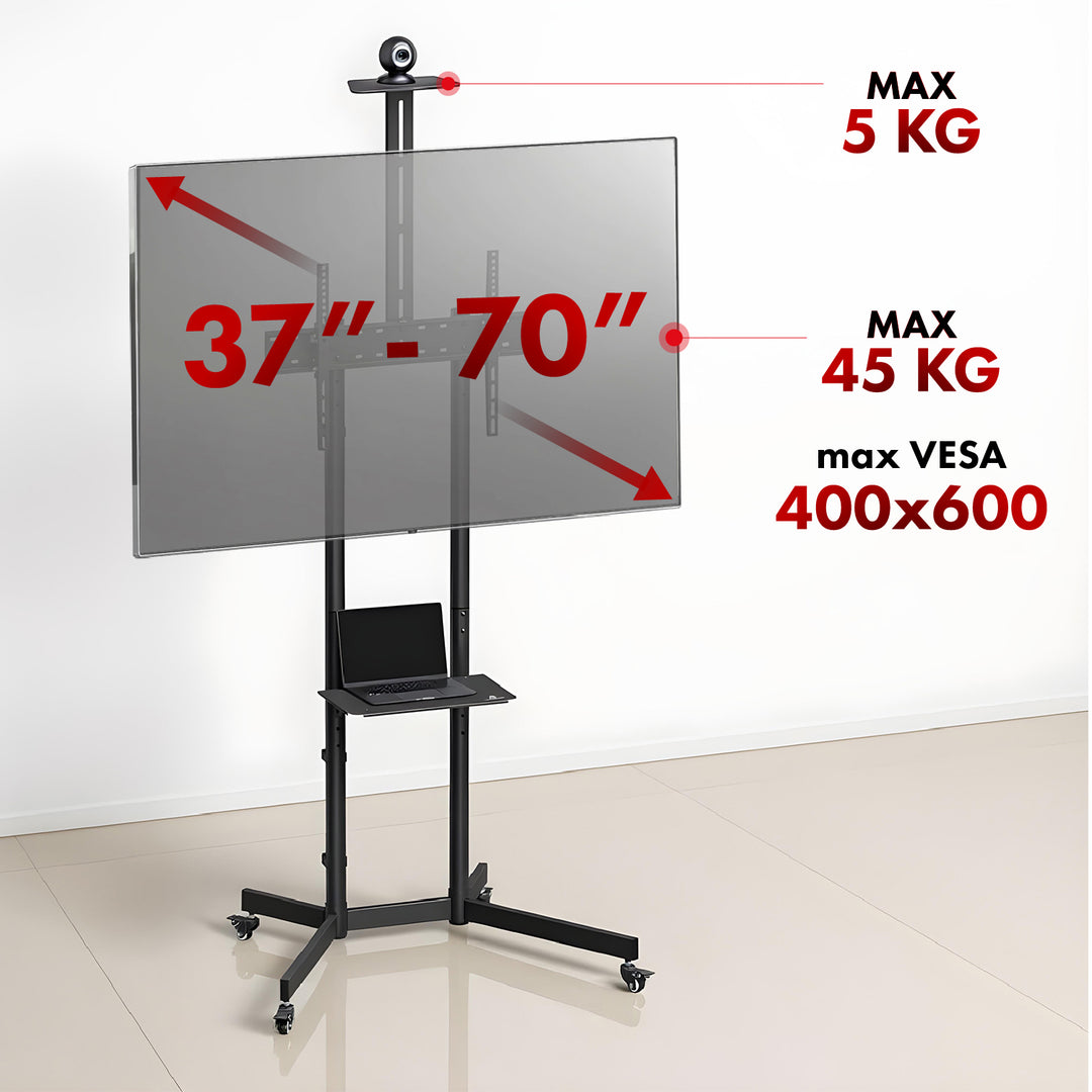 Maclean TV stand / trolley, tablette pour caméra, sur roulettes, 37-70", charge max. 45kg/5kg tablette, max. VESA 600x400, MC-113 B