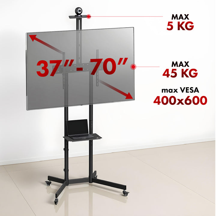 Maclean TV stand / trolley, tablette pour caméra, sur roulettes, 37-70", charge max. 45kg/5kg tablette, max. VESA 600x400, MC-113 B