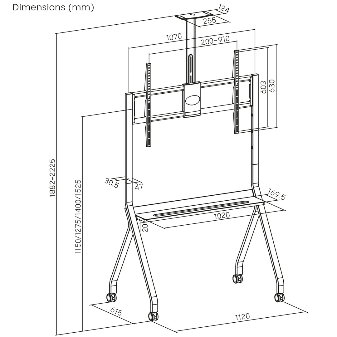 Maclean Support TV / chariot, tablette pour caméra, sur roulettes, 55-100", charge max. 120kg/10kg tablette, max. VESA 900x600, noir, MC-114 B