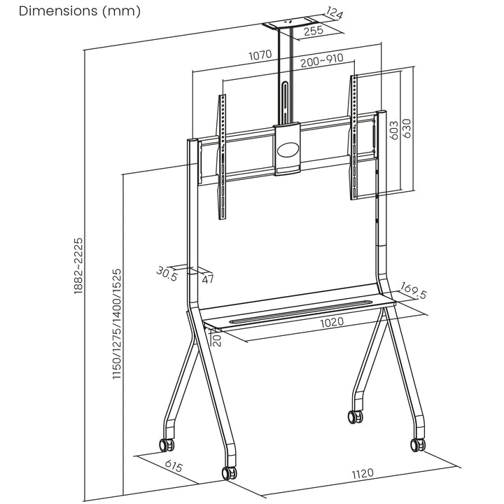 Maclean Support TV / chariot, tablette pour caméra, sur roulettes, 55-100", charge max. 120kg/10kg tablette, max. VESA 900x600, noir, MC-114 B