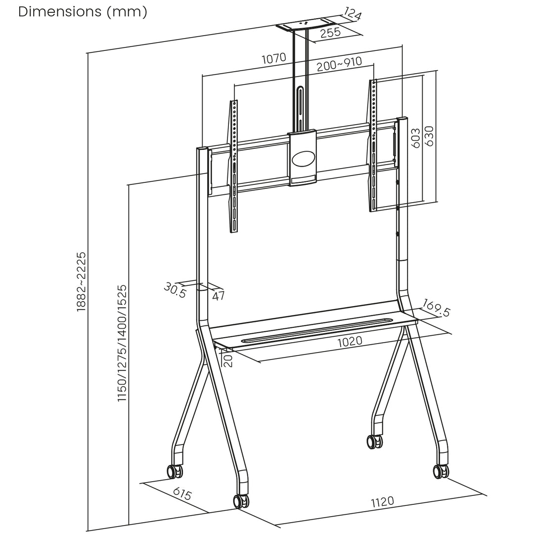 Maclean Support TV / chariot, tablette pour caméra, sur roulettes, 55-100", charge max. 120kg/10kg tablette, max. VESA 900x600, blanc, MC-114 W