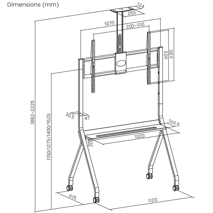 Maclean Support TV / chariot, tablette pour caméra, sur roulettes, 55-100", charge max. 120kg/10kg tablette, max. VESA 900x600, blanc, MC-114 W