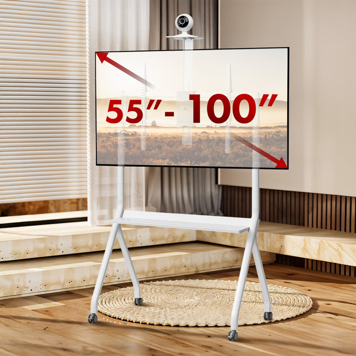 Maclean Support TV / chariot, tablette pour caméra, sur roulettes, 55-100", charge max. 120kg/10kg tablette, max. VESA 900x600, blanc, MC-114 W