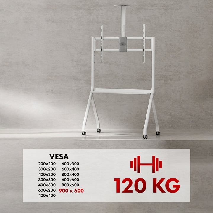 Maclean Support TV / chariot, tablette pour caméra, sur roulettes, 55-100", charge max. 120kg/10kg tablette, max. VESA 900x600, blanc, MC-114 W